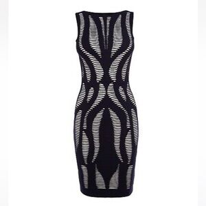 KAREN MILLEN Tight Knit Deep Navy White Fitted Mini Dress Size 3